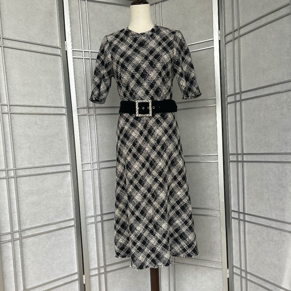 Veronica Beard Black/White Plaid Tweed Midi Dress sz 8